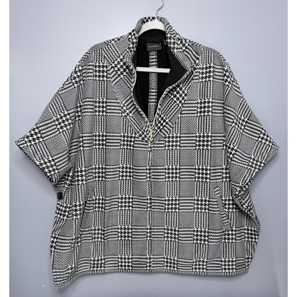 Weatherproof Poncho Jacket Women OS Black White Houndstooth Plaid Fleece 1/2 Zip